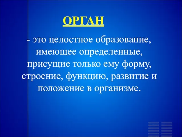 ОРГАН - это целостное образование, имеющее определенные, присущие только ему форму,