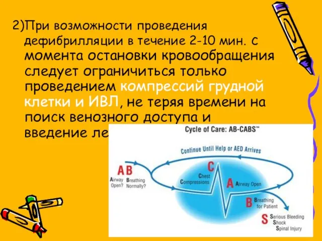 2)При возможности проведения дефибрилляции в течение 2-10 мин. с момента остановки