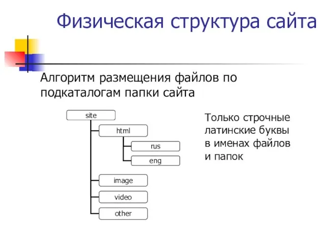 Физическая структура сайта Алгоритм размещения файлов по подкаталогам папки сайта Только