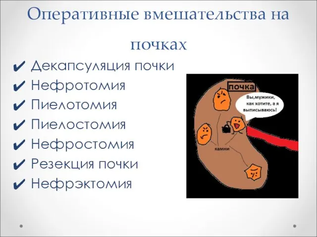 Оперативные вмешательства на почках Декапсуляция почки Нефротомия Пиелотомия Пиелостомия Нефростомия Резекция почки Нефрэктомия