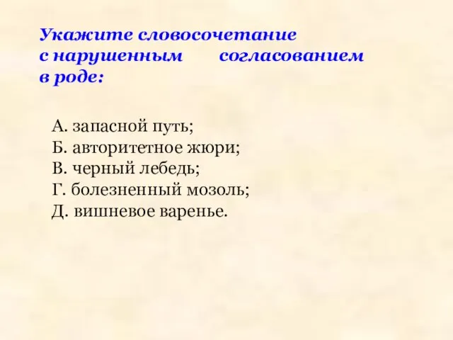 Укажите словосочетание с нарушенным согласованием в роде: А. запасной путь; Б.