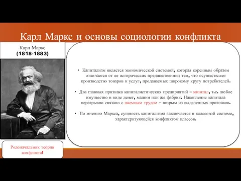Карл Маркс и основы социологии конфликта Карл Маркс (1818-1883) Капитализм является