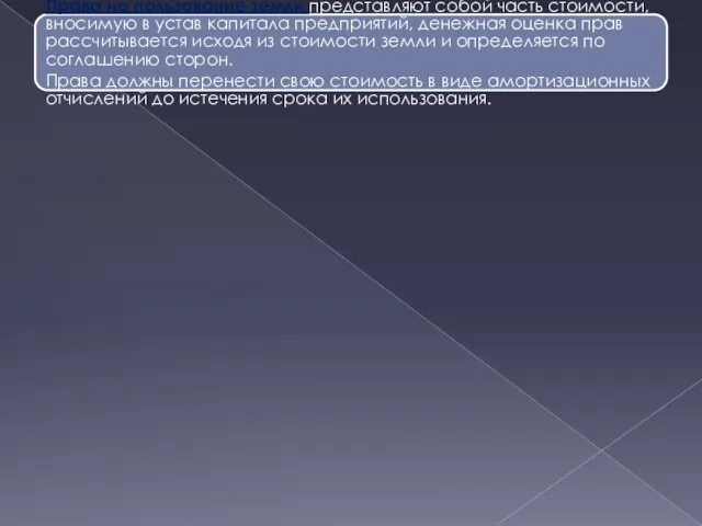 Права на пользование земли представляют собой часть стоимости, вносимую в устав