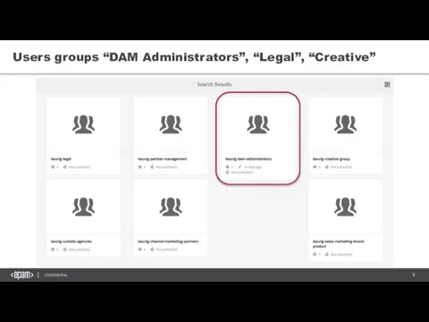 Users groups “DAM Administrators”, “Legal”, “Creative”