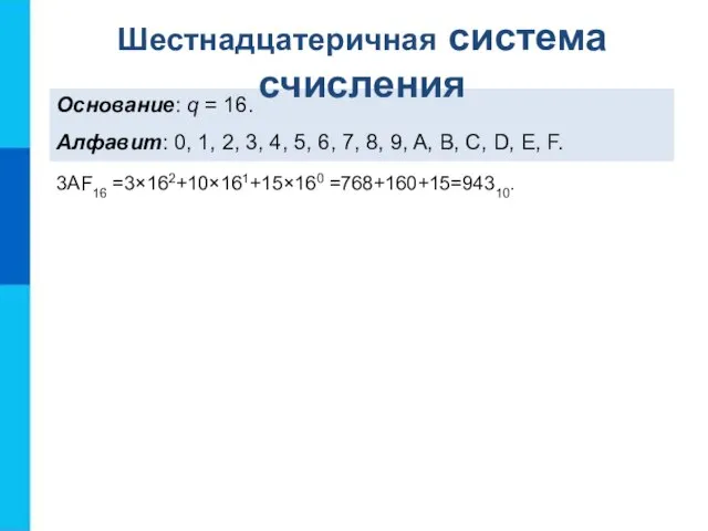 Основание: q = 16. Алфавит: 0, 1, 2, 3, 4, 5,