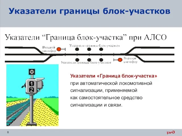 Указатели границы блок-участков Указатели «Граница блок-участка» при автоматической локомотивной сигнализации, применяемой