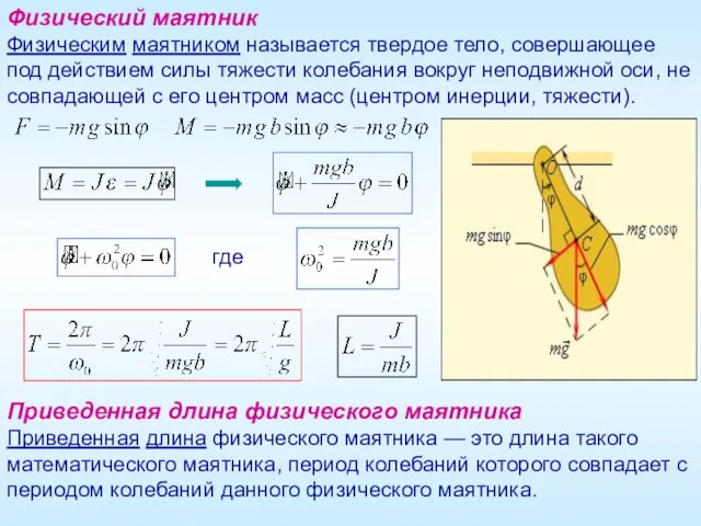 Физический маятник Физическим маятником называется твердое тело, совершающее под действием силы