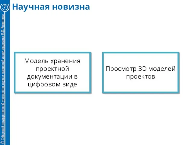 Научная новизна Модель хранения проектной документации в цифровом виде Просмотр 3D моделей проектов