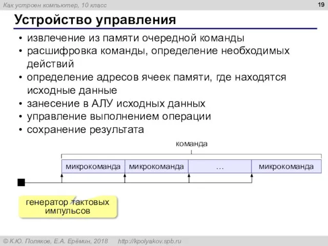 Устройство управления извлечение из памяти очередной команды расшифровка команды, определение необходимых