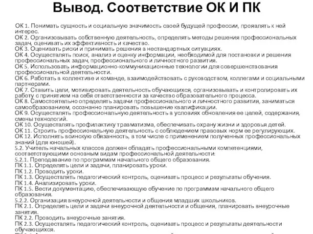 Вывод. Соответствие ОК И ПК ОК 1. Понимать сущность и социальную