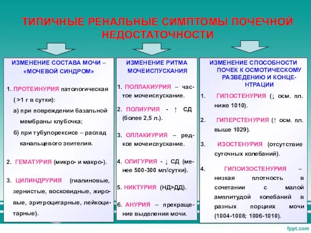 ТИПИЧНЫЕ РЕНАЛЬНЫЕ СИМПТОМЫ ПОЧЕЧНОЙ НЕДОСТАТОЧНОСТИ ИЗМЕНЕНИЕ СОСТАВА МОЧИ – «МОЧЕВОЙ СИНДРОМ»