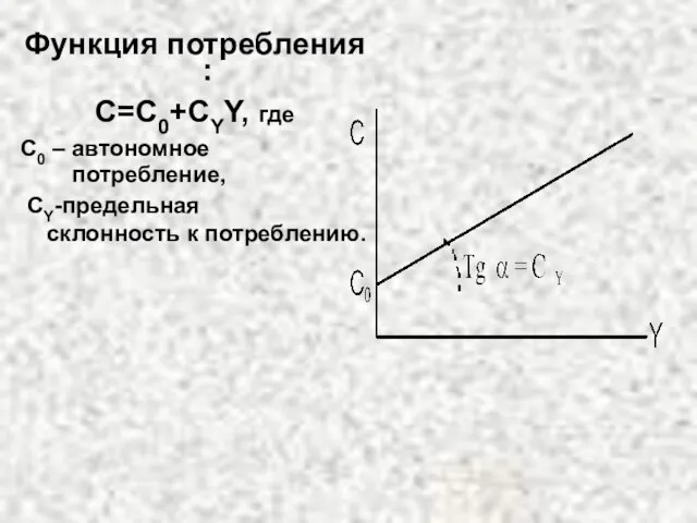 Функция потребления : C=C0+CYY, где C0 – автономное потребление, СY-предельная склонность к потреблению.