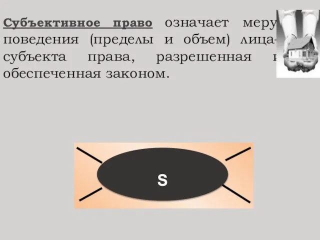 Субъективное право означает меру поведения (пределы и объем) лица–субъекта права, разрешенная и обеспеченная законом. S