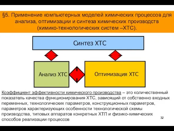 Анализ ХТС Оптимизация ХТС Синтез ХТС §5. Применение компьютерных моделей химических