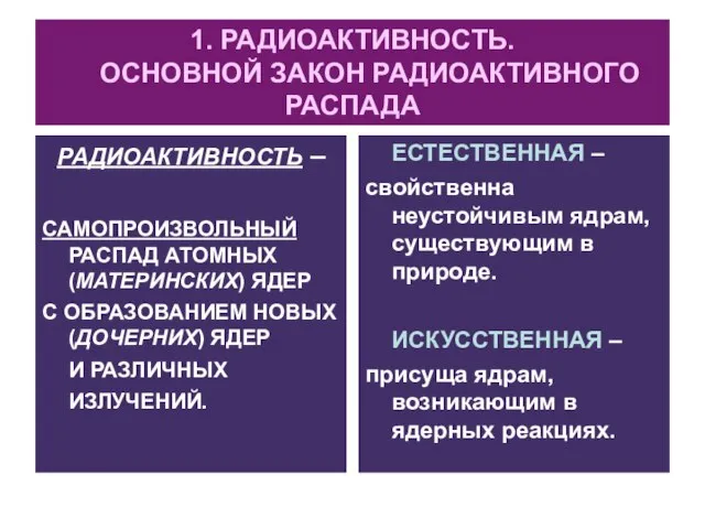 1. РАДИОАКТИВНОСТЬ. ОСНОВНОЙ ЗАКОН РАДИОАКТИВНОГО РАСПАДА РАДИОАКТИВНОСТЬ – САМОПРОИЗВОЛЬНЫЙ РАСПАД АТОМНЫХ