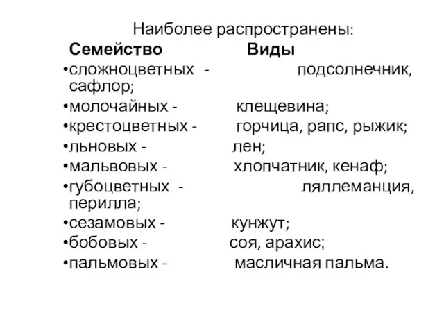 Наиболее распространены: Семейство Виды сложноцветных - подсолнечник, сафлор; молочайных - клещевина;