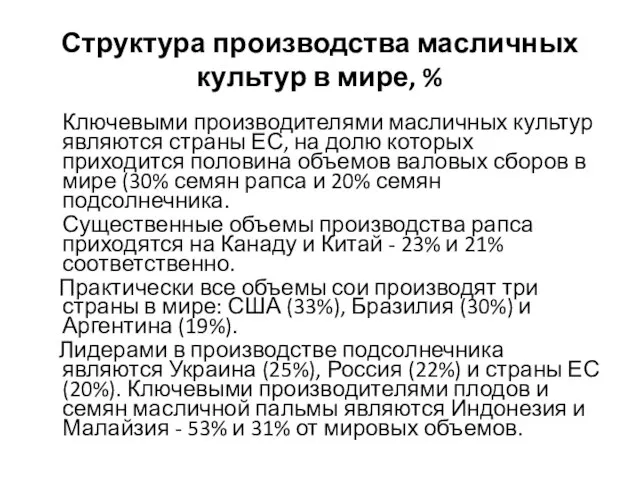 Структура производства масличных культур в мире, % Ключевыми производителями масличных культур