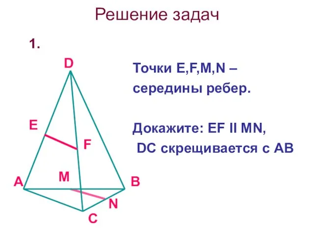 Решение задач 1. Точки Е,F,M,N – середины ребер. Докажите: EF ll MN, DC скрещивается с AB