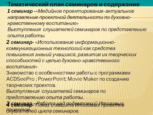 Тематический план семинаров и содержание 1 семинар -«Медийное проектирование-актуальное направление проектной