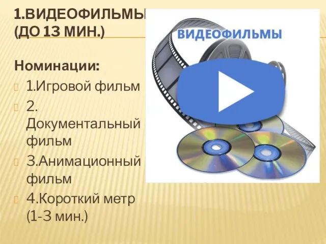 1.ВИДЕОФИЛЬМЫ (ДО 13 МИН.) Номинации: 1.Игровой фильм 2.Документальный фильм 3.Анимационный фильм 4.Короткий метр (1-3 мин.)