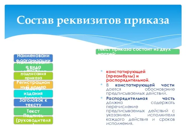 Состав реквизитов приказа констатирующей (преамбулы) и распорядительной. В констатирующей части дается