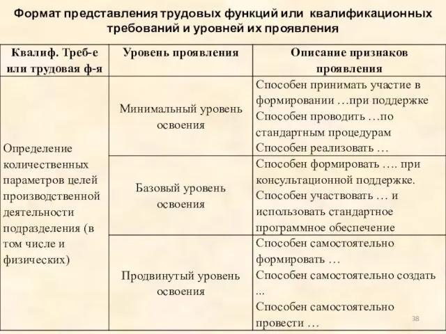 Формат представления трудовых функций или квалификационных требований и уровней их проявления