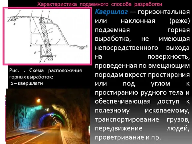 Характеристика подземного способа разработки Квершлаг — горизонтальная или наклонная (реже) подземная