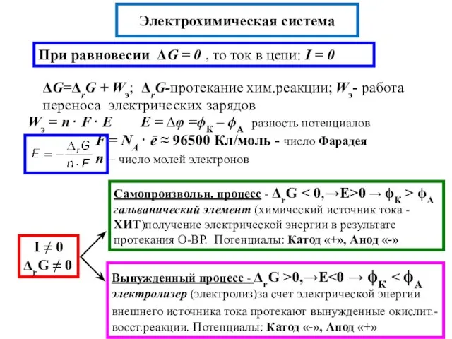 Электрохимическая система При равновесии ΔG = 0 , то ток в