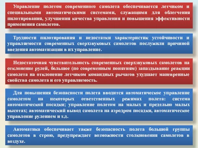 Управление полетом современного самолета обеспечивается летчиком и специальными автоматическими системами, служащими