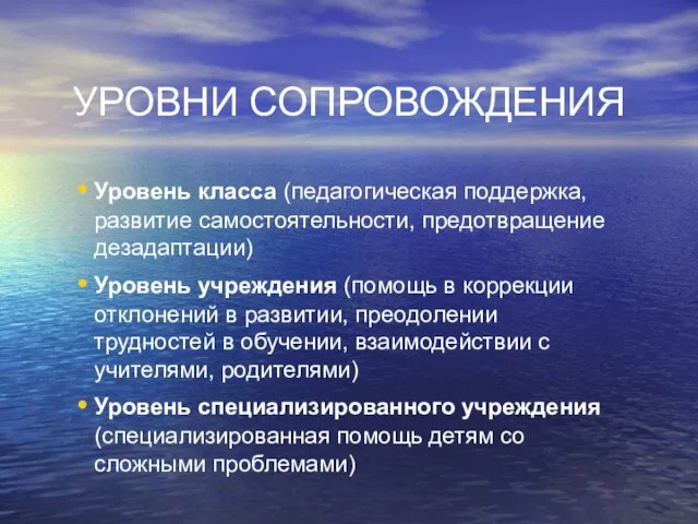 УРОВНИ СОПРОВОЖДЕНИЯ Уровень класса (педагогическая поддержка, развитие самостоятельности, предотвращение дезадаптации) Уровень