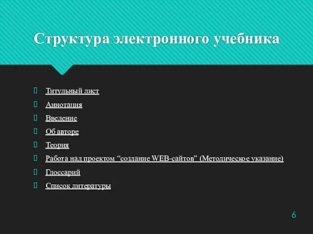 Структура электронного учебника Титульный лист Аннотация Введение Об авторе Теория Работа