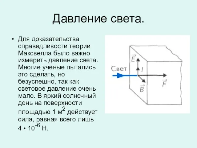 Давление света. Для доказательства справедливости теории Максвелла было важно измерить давление