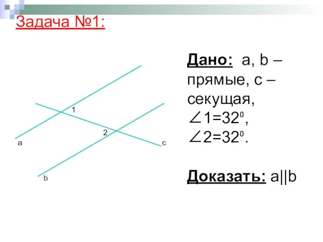 Дано: а, b – прямые, с – секущая, ∠1=32⁰, ∠2=32⁰. Доказать: а||b Задача №1: