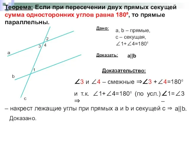 Теорема: Если при пересечении двух прямых секущей сумма односторонних углов равна