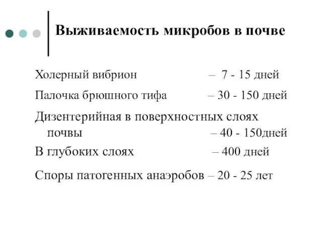 Выживаемость микробов в почве Холерный вибрион – 7 - 15 дней