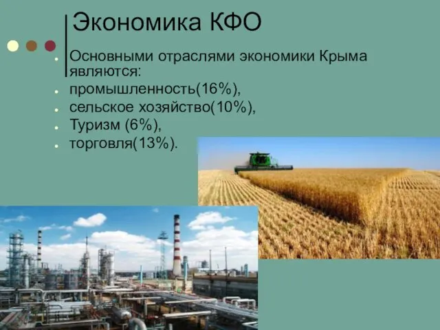 Экономика КФО Основными отраслями экономики Крыма являются: промышленность(16%), сельское хозяйство(10%), Туризм (6%), торговля(13%).