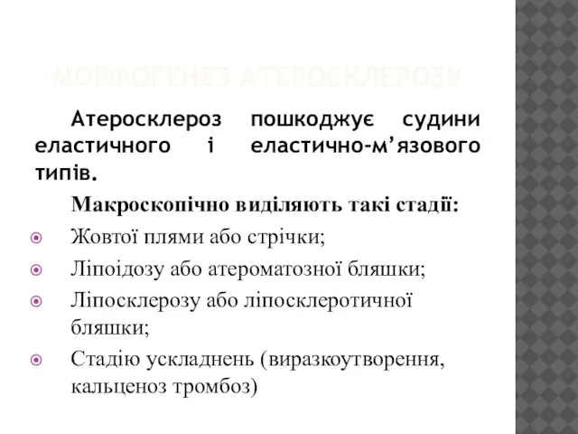 МОРФОГЕНЕЗ АТЕРОСКЛЕРОЗУ Атеросклероз пошкоджує судини еластичного і еластично-м’язового типів. Макроскопічно виділяють