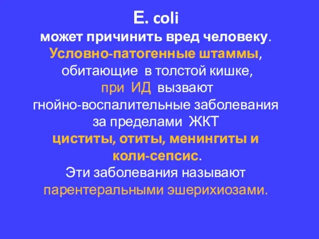 Е. coli может причинить вред человеку. Условно-патогенные штаммы, обитающие в толстой