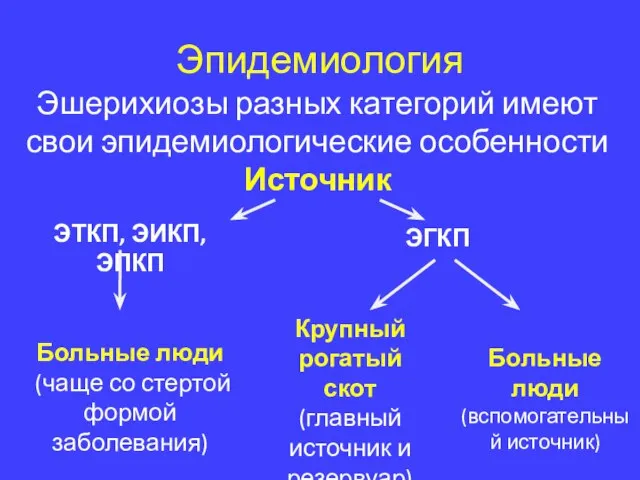 Эпидемиология Эшерихиозы разных категорий имеют свои эпидемиологические особенности Источник ЭТКП, ЭИКП,