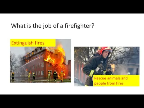 What is the job of a firefighter? Extinguish fires Rescue animals and people from fires