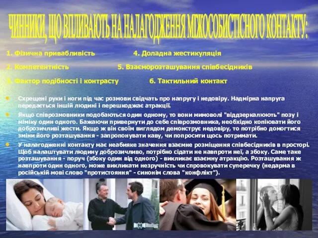 ЧИННИКИ, ЩО ВПЛИВАЮТЬ НА НАЛАГОДЖЕННЯ МІЖОСОБИСТІСНОГО КОНТАКТУ: 1. Фізична привабливість 4.