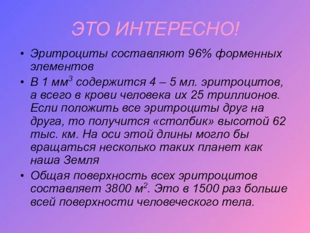 ЭТО ИНТЕРЕСНО! Эритроциты составляют 96% форменных элементов В 1 мм3 содержится