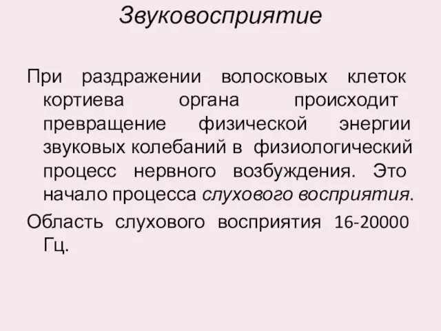 Звуковосприятие При раздражении волосковых клеток кортиева органа происходит превращение физической энергии