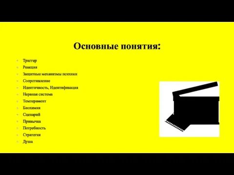 Основные понятия: Триггер Реакция Защитные механизмы психики Сопротивление Идентичность, Идентификация Нервная