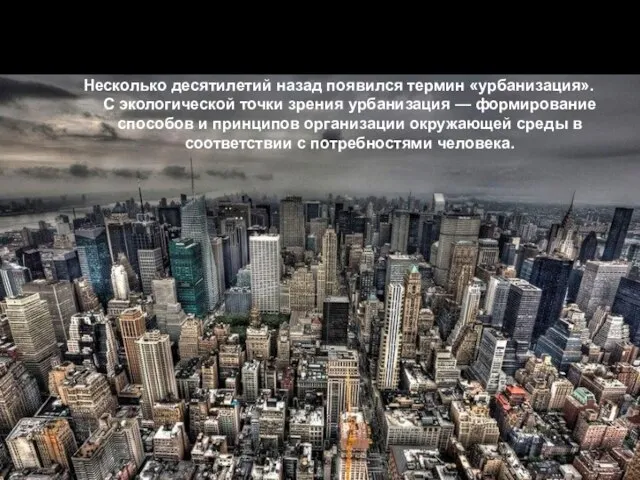 Несколько десятилетий назад появился термин «урбанизация». С экологической точки зрения урбанизация