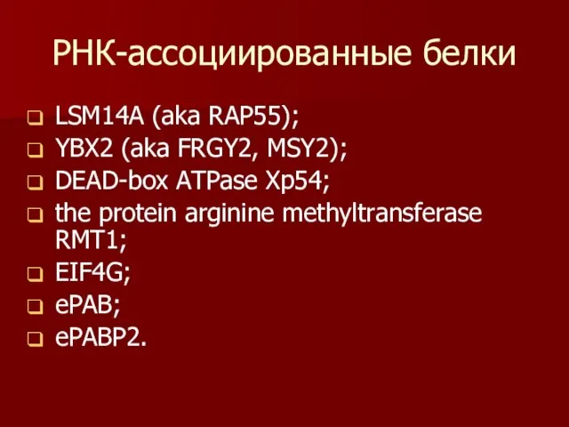 РНК-ассоциированные белки LSM14A (aka RAP55); YBX2 (aka FRGY2, MSY2); DEAD-box ATPase