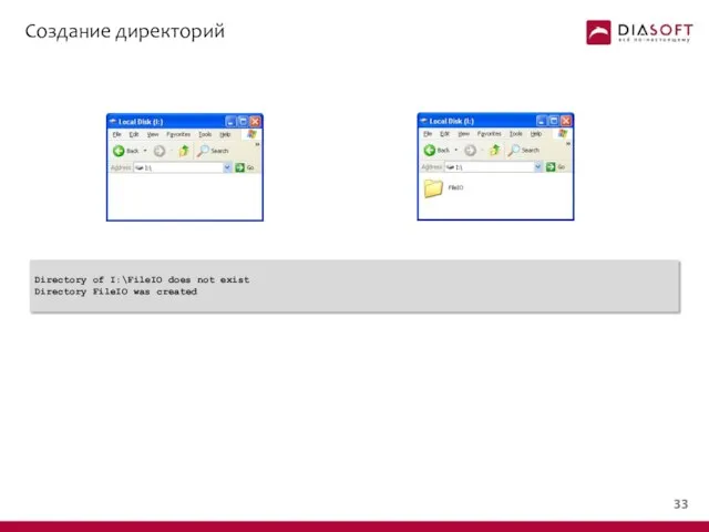 Создание директорий Directory of I:\FileIO does not exist Directory FileIO was created