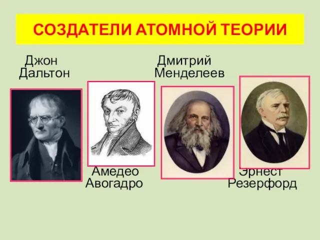 СОЗДАТЕЛИ АТОМНОЙ ТЕОРИИ Джон Дмитрий Дальтон Менделеев Амедео Эрнест Авогадро Резерфорд