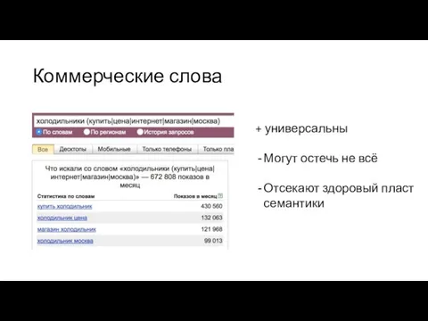 Коммерческие слова + универсальны Могут остечь не всё Отсекают здоровый пласт семантики