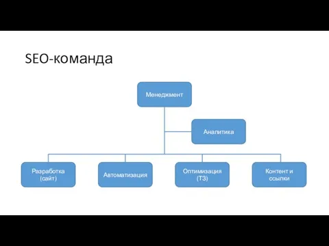 SEO-команда Менеджмент Разработка (сайт) Автоматизация Оптимизация (ТЗ) Контент и ссылки Аналитика